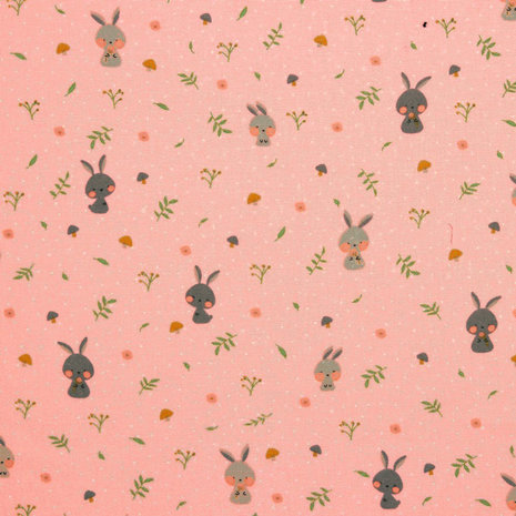 Flanel - Schattige konijntjes op roze