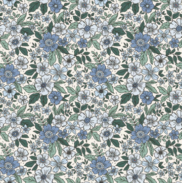 Katoen - Mille fleurs blauw-groen