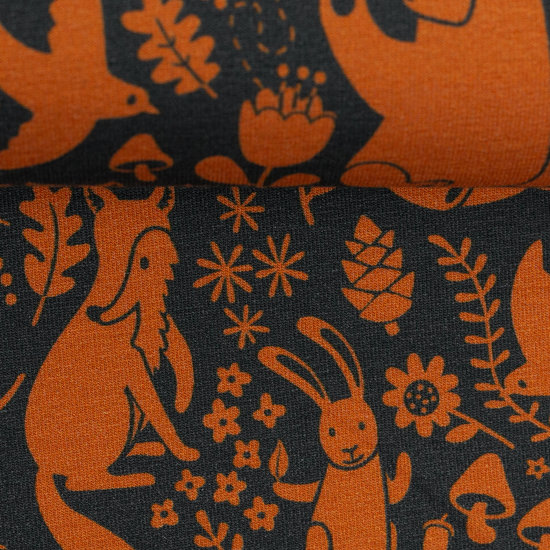 French terry - oranje bosdieren op donkergrijs-2