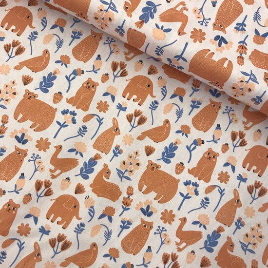 Katoen - Blozende dierenvrienden op zalmroze-3