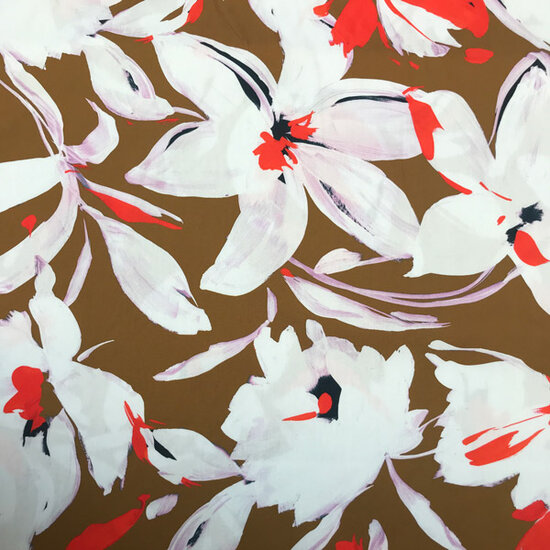 Katoen - Ecru oranje bloemen op donkeroker-2