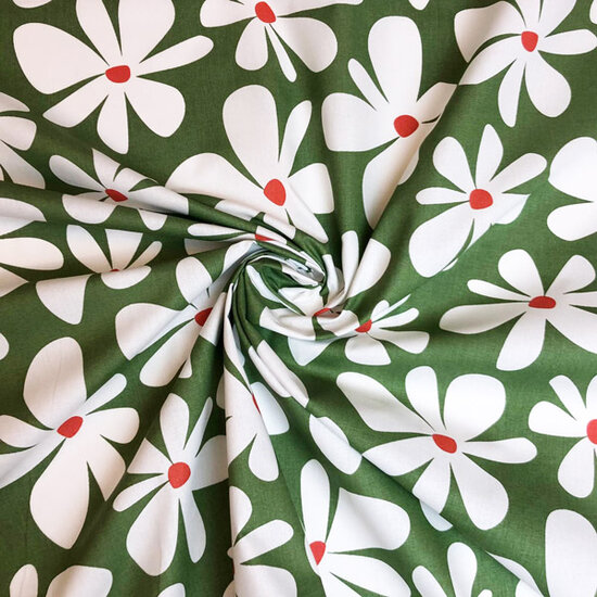 Katoen - Groen met Xl witte bloem-2