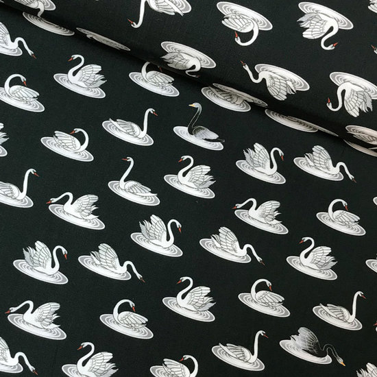 Katoen - Hemdenstof zwaantjes op zwart-2
