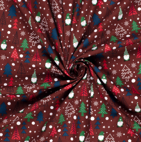 Katoen - Kerstboom en kabouter bordeaux-2