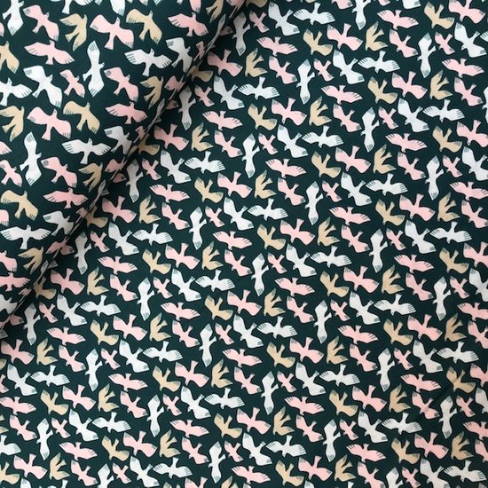 Katoen - Pastel zweefvogels op petrol-2