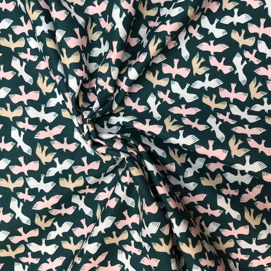 Katoen - Pastel zweefvogels op petrol-3