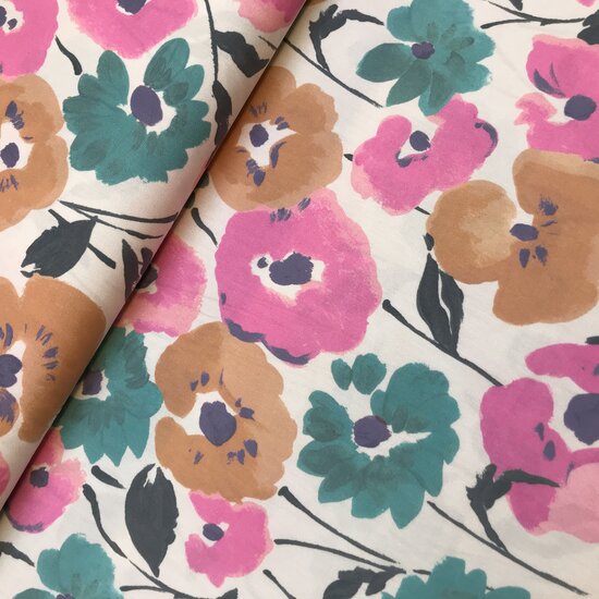 Katoen - Waterknipbloemen roze petrol-2