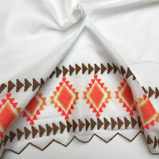 Katoen - Wit met inca broderieboord oranje-2