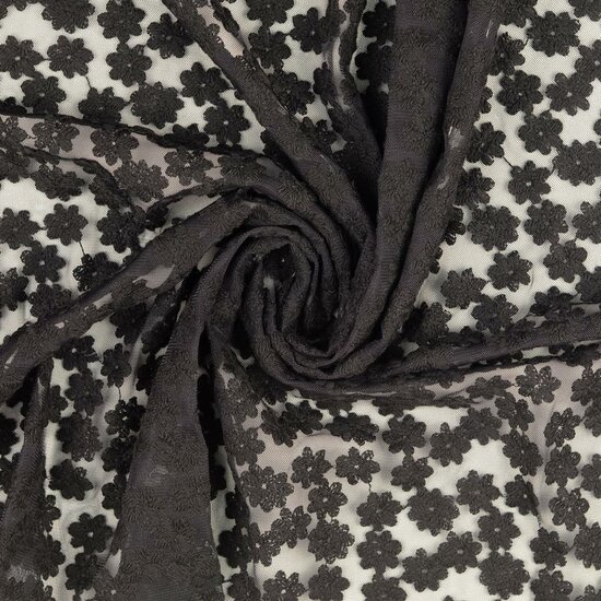 Mesh - Geborduurd bloempje zwart-2