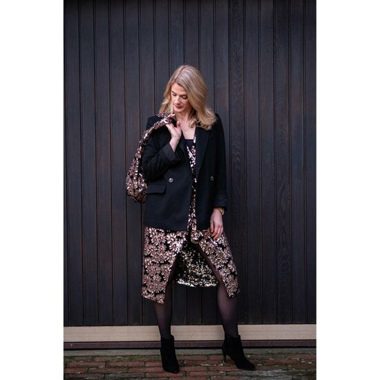 Pailetten stretch - Zwart met beige bloem-3