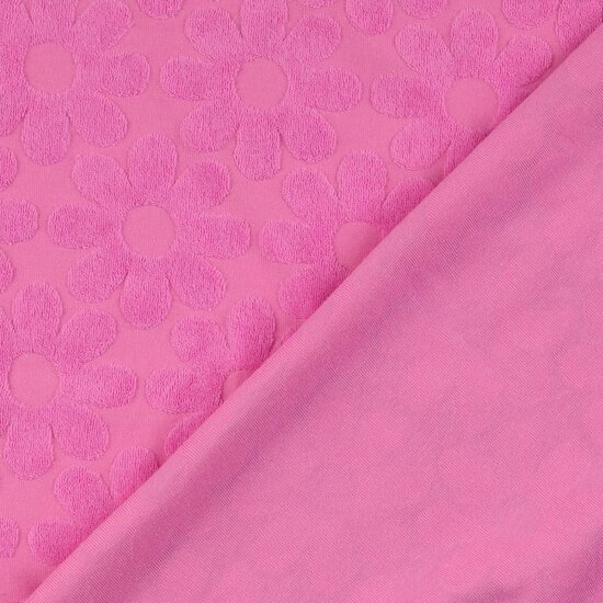 Stretch badstof - Roze met bloem -2