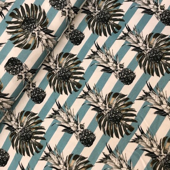 Viscose - Ananas zwevend op blauwe streep-2
