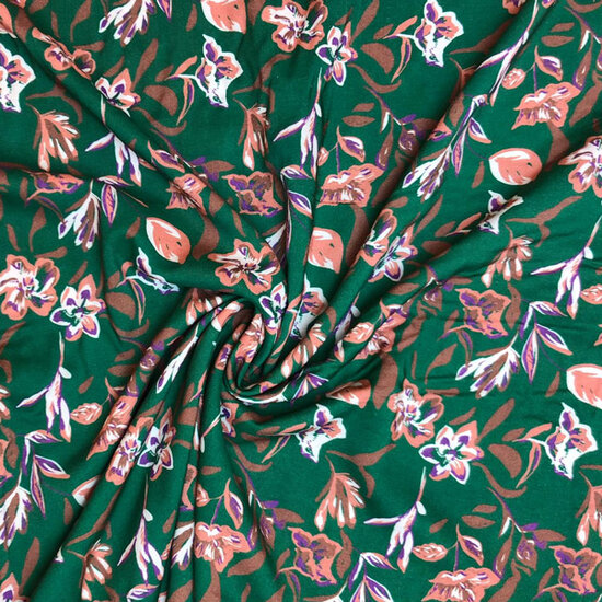 Viscose - Groen met bruinpaarse bloemen-2