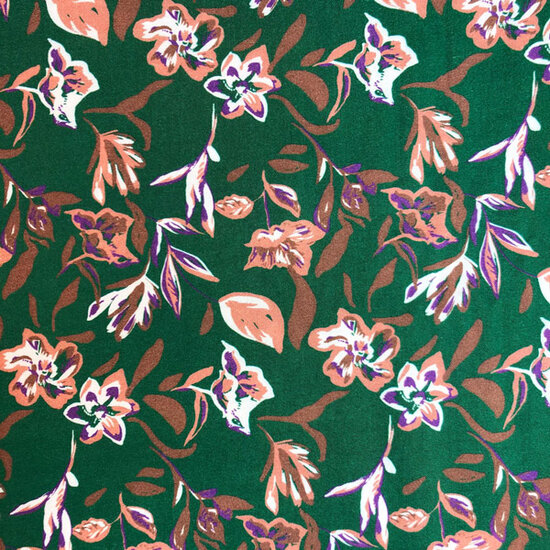 Viscose - Groen met bruinpaarse bloemen-3