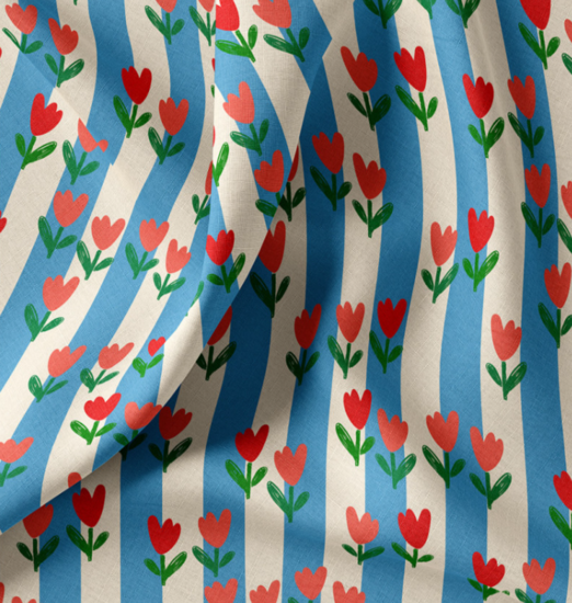 Katoen - Blauw gestreepte tulpen