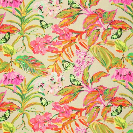 Linnen viscose - Vlinders op bloemen beige