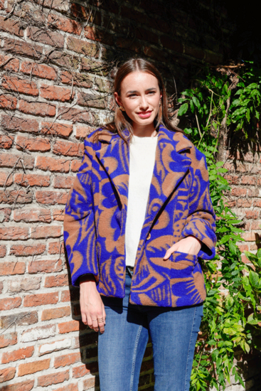 Mantelstof  - Blue and brown flower wool