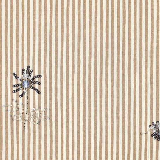 Damesstof - Beige streep met pailletbloem