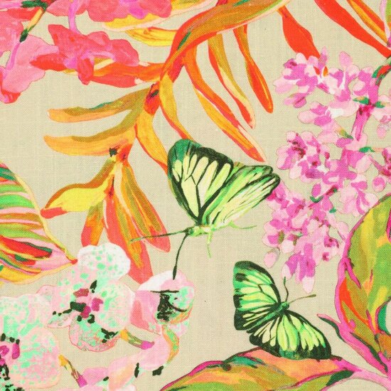 Linnen viscose - Vlinders op bloemen beige