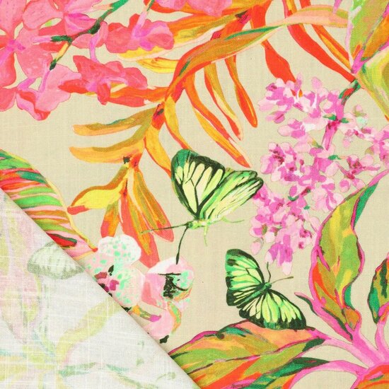 Linnen viscose - Vlinders op bloemen beige