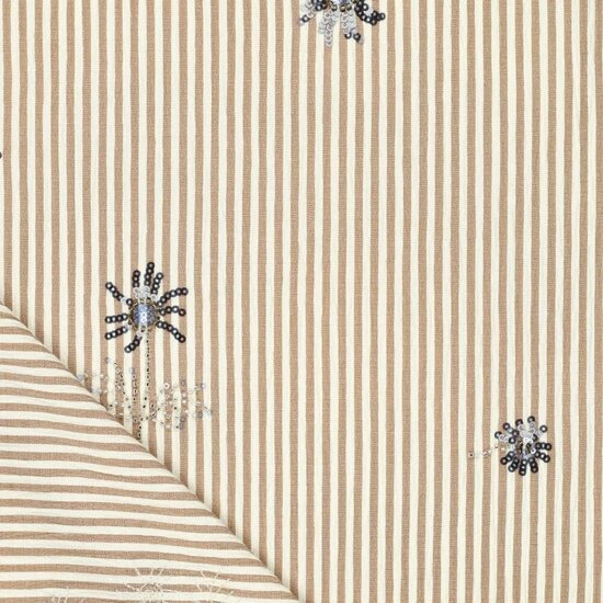 Damesstof - Beige streep met pailletbloem