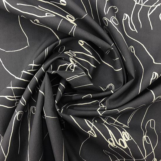 Katoen - Ecru getekende handen op grijs