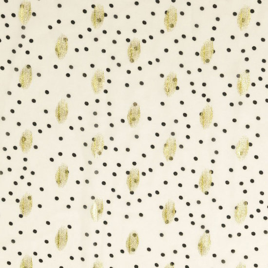 Chiffon - wit met zwarte stippen en grote gouden ingeweven stippen