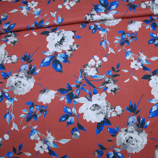 Viscose - rood met witte barok bloem