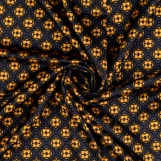 Bloezenstof - Bloemenraster marine en geel