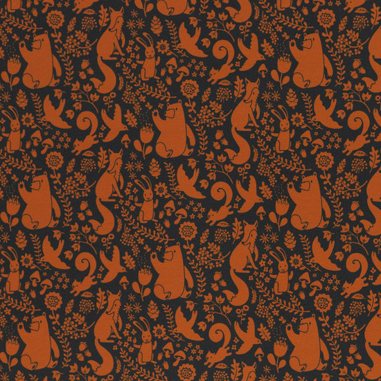 French terry - oranje bosdieren op donkergrijs