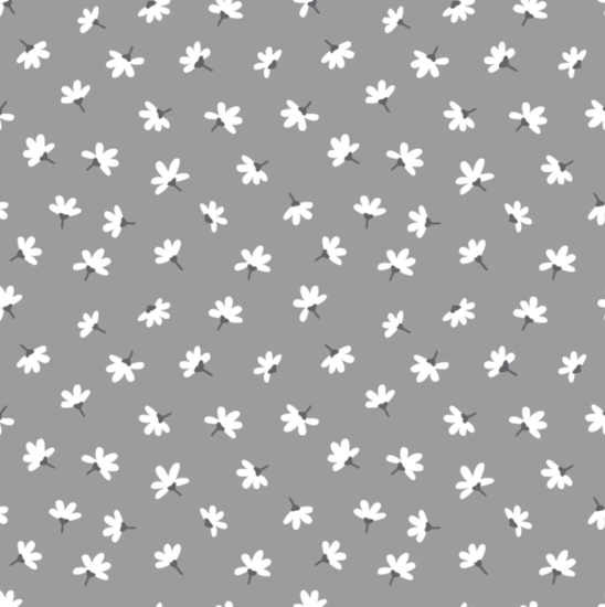 Katoen - Witte bloempjes op grijs