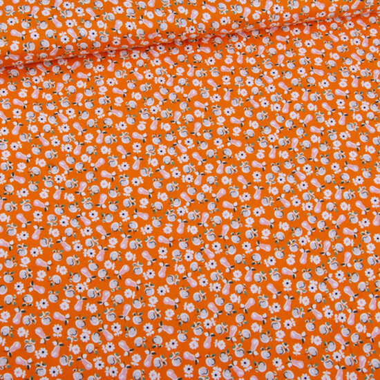Viscose - fijne bloemen, appels en peren op oranje