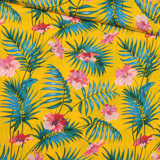 Viscose - tropische bloemen op kanariegeel