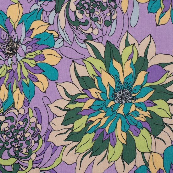 Viscosejersey - bloemenweelde lila