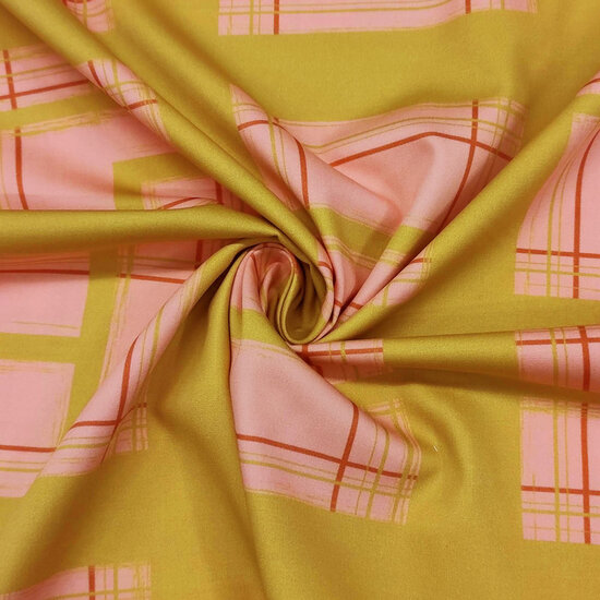 Katoen - roze met limoenrasterlijnen