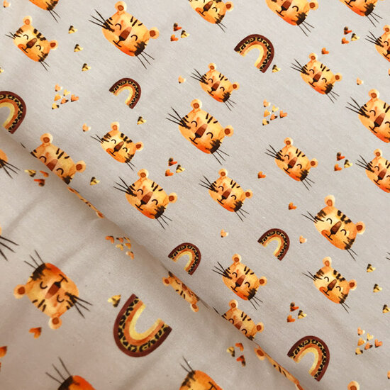 French terry - Tijgerkopjes en regenbogen beige