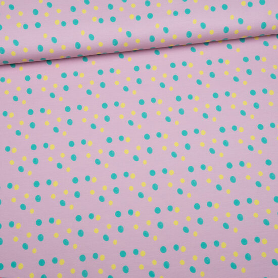 French terry - dots geel munt roze