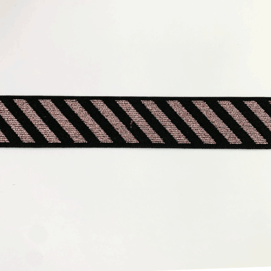 Elastiek 25mm - schuine streep glitterroze - zwart