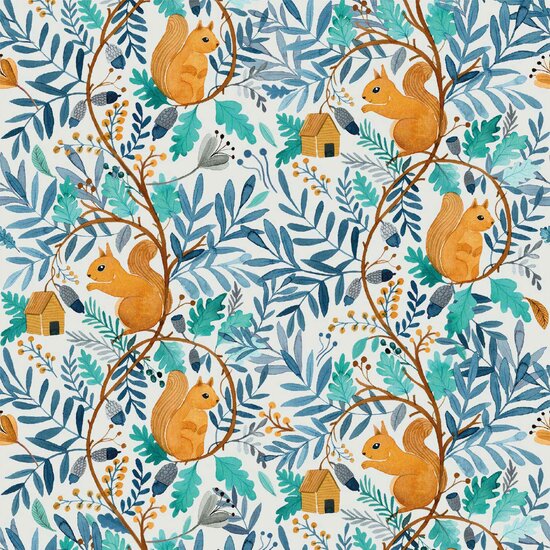 Katoen - Eekhoorn tussen turkoois bladeren
