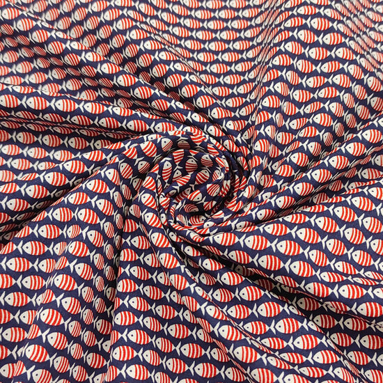 Hemdenstof - Marine met gestreepte vis