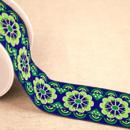 Jacquard lint 50mm - bloemen blauw-groen