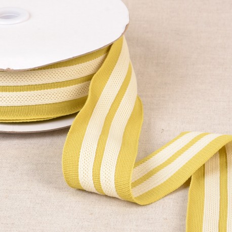 Rekbaar lint 2-streep 50mm - Mosterd-wit