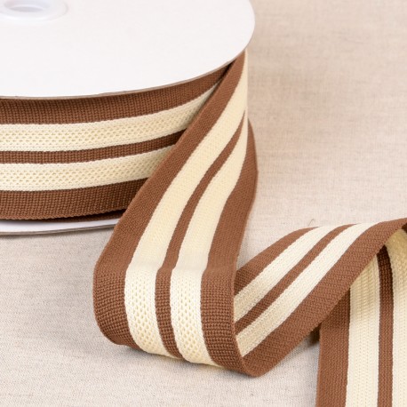 Rekbaar lint 2-streep 50mm - Bruin-wit