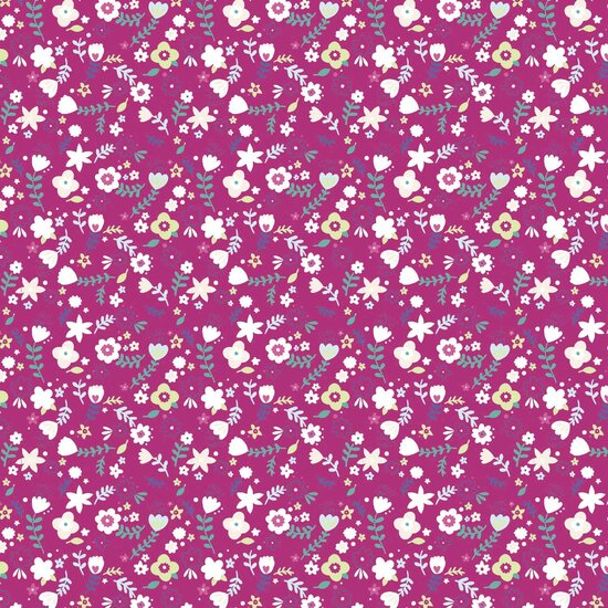 Katoen - Tropica flowers op donkerfuchsia