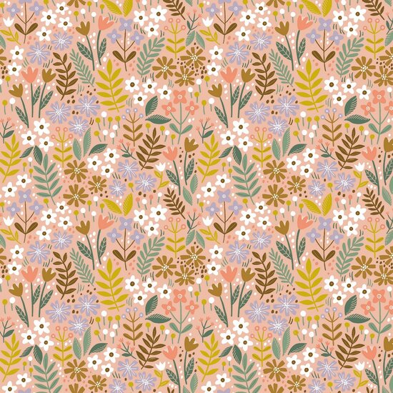 Katoen - Bloementakken op zalmroze