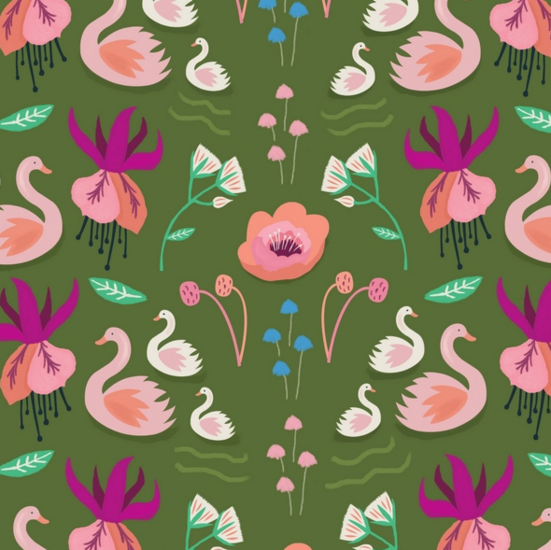 Katoen - zwanen en waterlelies op khaki