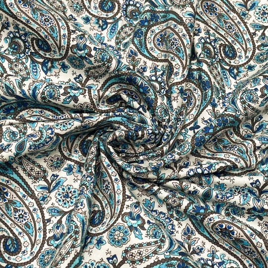 Katoen - Turkoois blauwe paisley en bloem