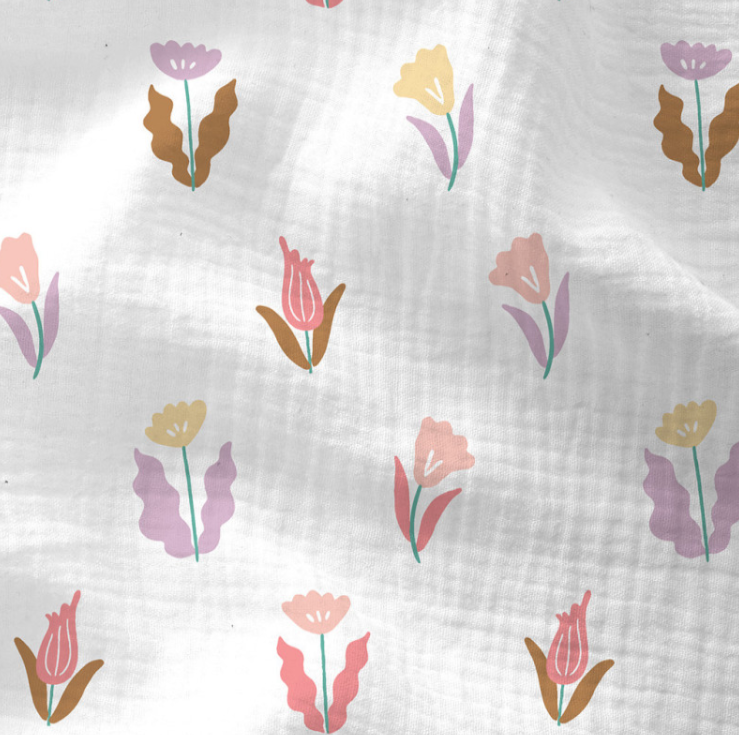 Double gauze - Wit met roze steelbloem