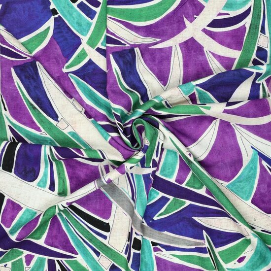 Linnen viscose - Palmen turkoois paars