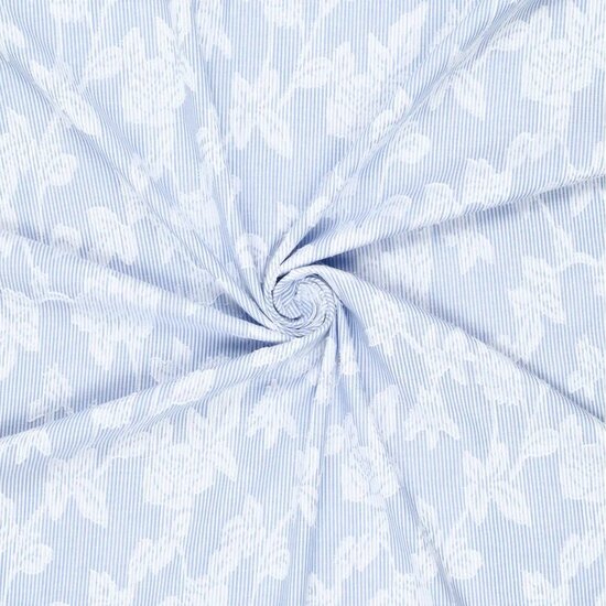 Voile katoen - Bladeren op blauwwitte streep